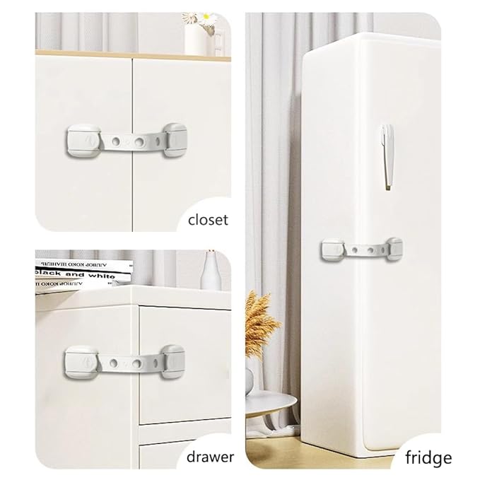 Child Safety Strap Locks (6 Pack) Baby Locks for Cabinets and Drawers, Toilet, Fridge & More. Adhesive Pads. Easy Installation, No Drilling Required, White/Gray (White, 6 pcs (Pack of 1))