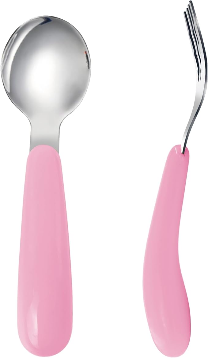 VANRA 2 Pieces Toddler Fork and Spoon Set with Travel Case 18/8 Stainless Steel Toddler Utensils Kids Silverware Children Flatware Child Cutlery Set for School Lunch Box (Pink)