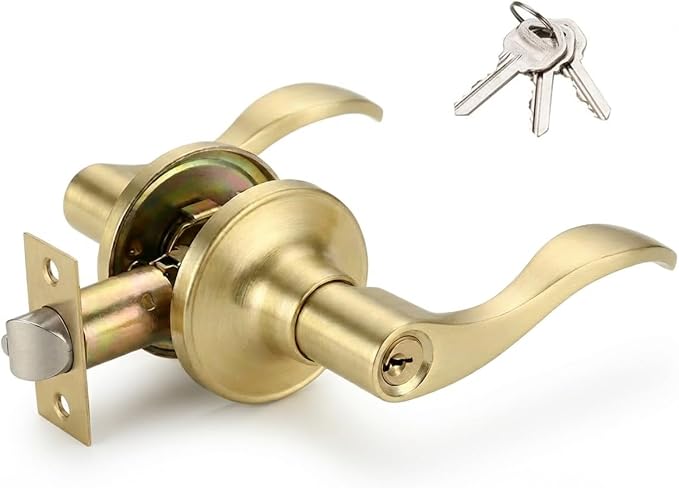 1 Pack of HENYIN Wave Lever Keyed Entry Door Lock/Door Knob Hardware Handle and Closet Lockset, Gold Color, with Key,Right Hand(805-G-R)