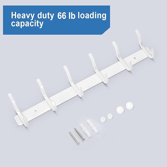 HAMUTH White Wall Hooks Heavy Duty, 17 Inch Coat Hooks Wall Mount with 6 Hooks, Wall Hooks Hangers for Entryway, Bathroom - for Hanging Backpack, Bag, Coat, Purse, Hat, Towel, Clothes