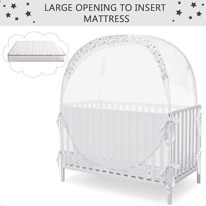 L RUNNZER Baby Pop Up Crib Tent, Crib Net to Keep Baby from Climbing Out, Crib Canopy Cover Against Falling and Bites, Strong Frame & Soft Breathable Mesh, White+stars