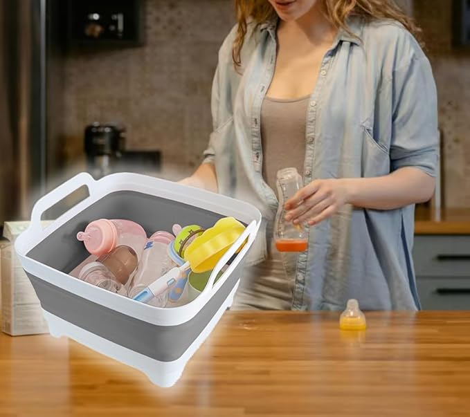 GIMWA Collapsible Wash Basin with Drain Plug - 2.4 Gallon Foldable Kitchen Sink for Baby Bottles, RV Camping, Space-Saving Dish Tub (Gray-Pink)