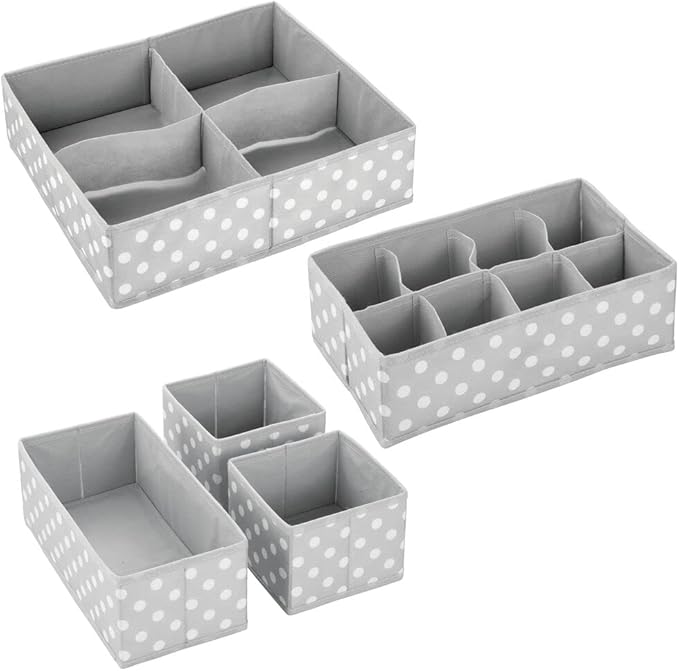 mDesign Soft Fabric Dresser Drawer/Closet Divided Storage Organizer Bins for Nursery - Holds Blankets, Bibs, Socks, Lotion, Clothes, Shoes, Toys - Set of 5 - Gray/White Polka Dot