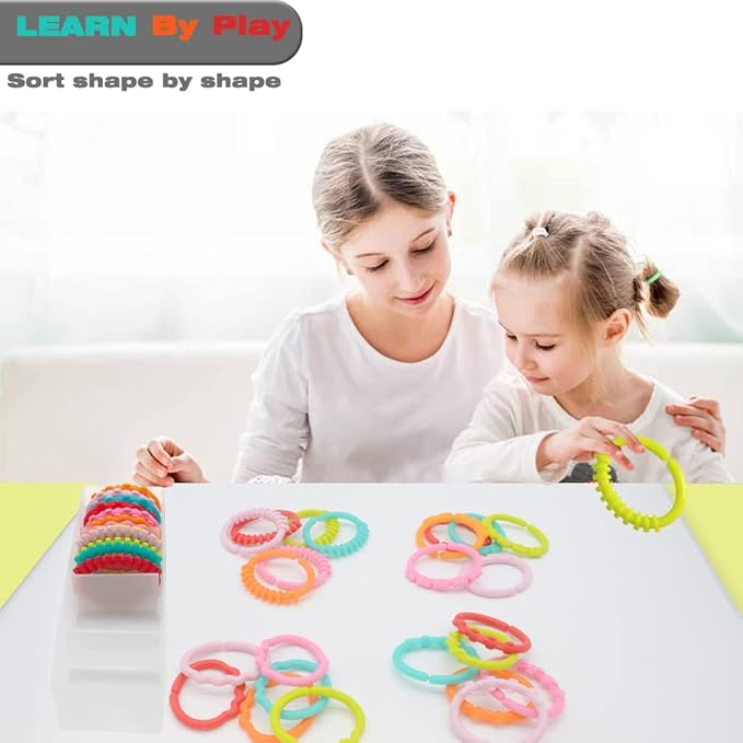 24 Pack Baby Rings Link Toys for Hanging Toy, Connecting Rings Toys for Infant Boy Girl, Early Learning Toys Car Seat and Stroller Travel Accessory Set with Storage Box