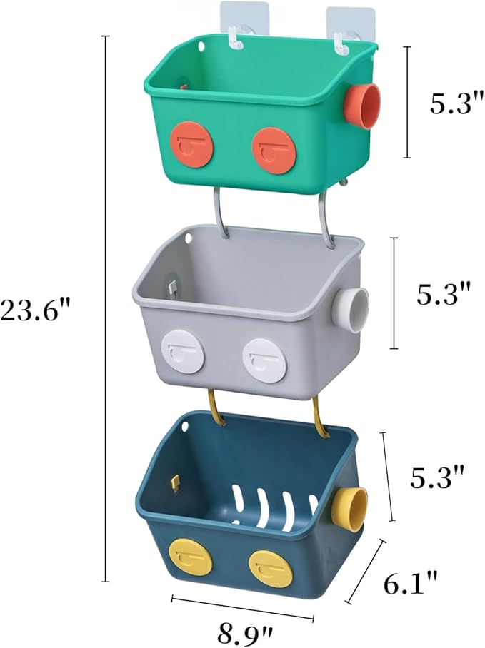 LUFOFOX Bath Toy Storage Organizer Basket, 3 Layers Colorful Robot Modeling Wall Mounted Kids Hanging Shower Caddy with Hooks for Shampoo