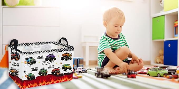 Essme Rectangular Kids Baskets,Monster Truck Storage Box,Cute Basket for Kids with Handles for Room Decor, Book Bins,Shelf Basket.(Flame truck)