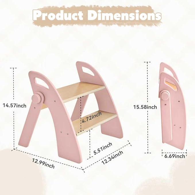Wooden 2 Step Stool for Kids Bathroom Sink Foldable Anti-Slip 2-Step for Toilet Potty Training, Child Stepping Stool for Kitchen Nursery Bedroom, Sturdy Non Slip Adult Stool for Closet Pink