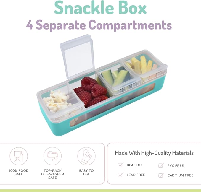 melii Snackle Box | 4-Compartment Snack Container with Individual Lids, BPA-Free Food Storage for Travel, School & On-the-Go Snacks, Kids & Family Organizer (Blue)