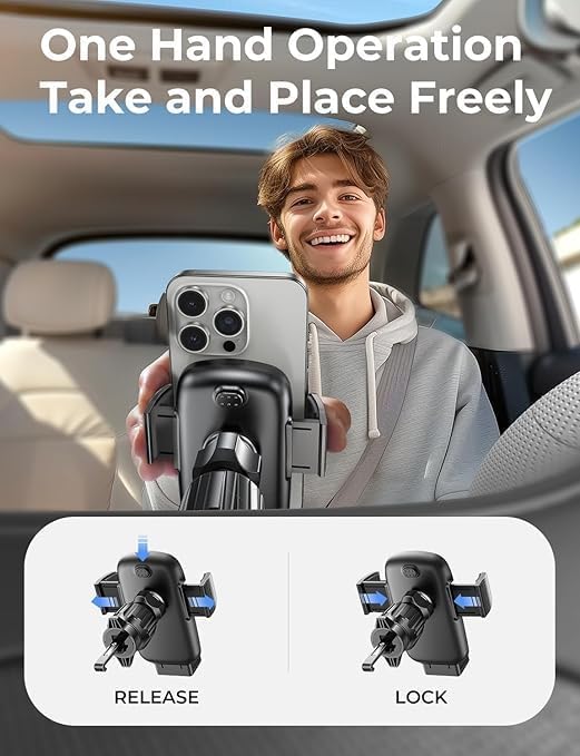 LISEN Car Phone Mount, Phone Holders for Your Car [Thick Cases Friendly] Car Vent Phone Holder & Metal Hook Truck Jeep Accessories for iPhone 17 Air Pro Samsung Google and All 4-7'' Phone