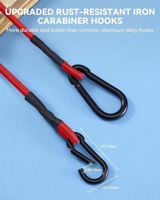 8 Pack 48 Inch Heavy Duty Bungee Cords with Carabiner Hooks, 190 lbs Max Strength Bungee Straps for Cargo, Bike, Cart, Roof Rack, Truck, Tent, Camping, Motorcycle, Outdoor Storage and More, Red