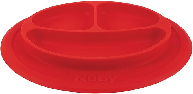 Nuby Sure Grip Miracle Mat 3-Section Toddler Plate - Oval Suction Silicone Plate - 6+ Months - Red