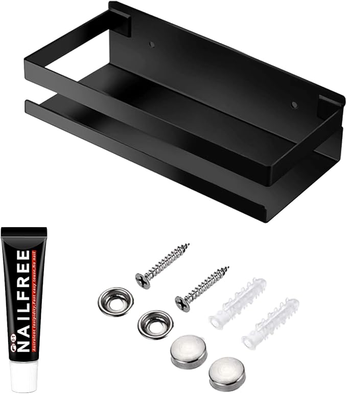 GEINIFAFA Rustproof Metal Storage Floating Shelves Wall Mounted Rectangular Shelf for Bedroom,Bathroom, Living Room, Kitchen, and Laundry Room,Nail-Free Wall-Mounted Shelves（7.9 Inch Black）