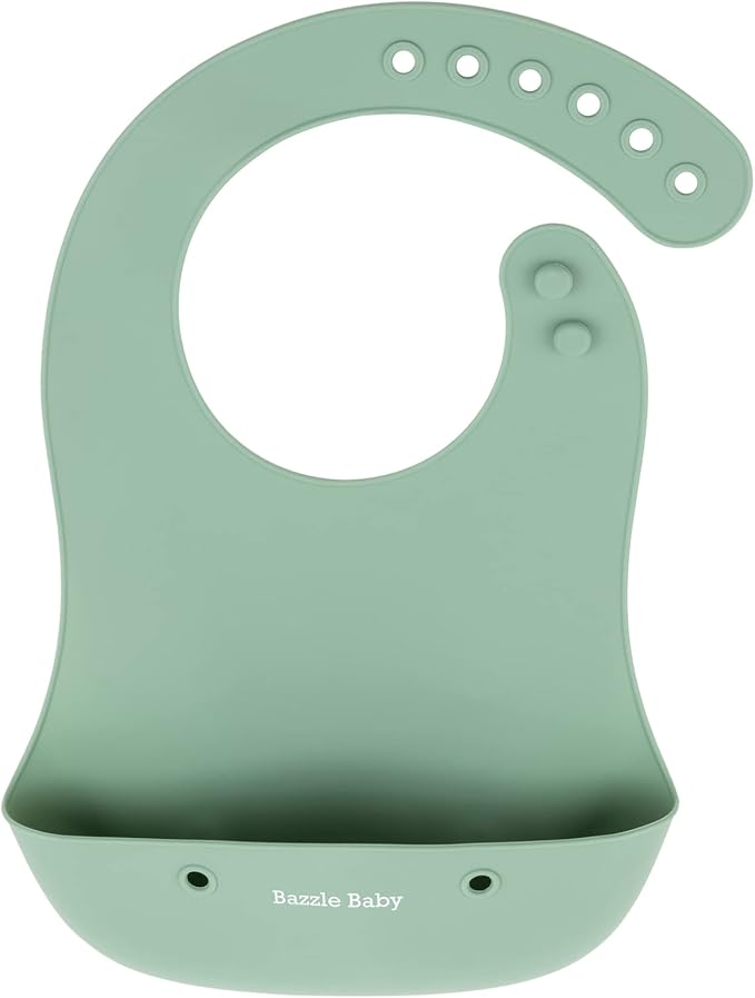 Bazzle Baby Silicone Bibs with Food Catcher - Rolls Up and Button closed for easy travel and storage Waterproof 2-Pk