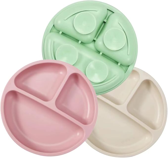 PandaEar 3 Pack Toddler Plates, Silicone Divided Suction Plate for Babies, BPA-Free 100% Food-Grade Silicone Unbreakable Baby Plate (Pink/Green/Cream)