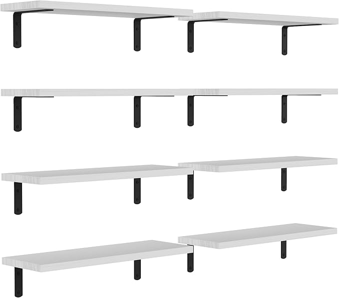 Floating Shelves, 8 Sets Wall Shelves, Wooden Floating Shelves for Bedroom Wall Décor, Wall Mounted Floating Bathroom Shelf for Storage, Floating Book Shelf Living Room – White, HM02