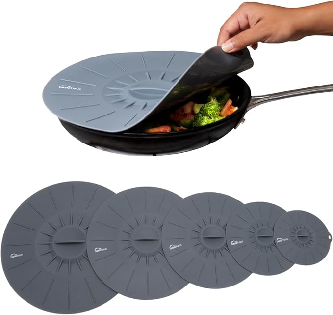 Basic Haus Microwave Cover Silicone Lids - Set of 5: 6, 8, 10, 12 and 13.8 inches - Suction Covers for Pots, Pans, Bowls, Cups, Skillets - Splatter Protection - Easy Food Storage - BPA Free