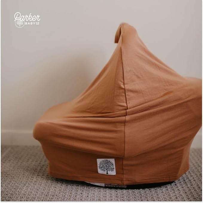 Parker Baby 4 in 1 Car Seat Cover for Girls and Boys - Stretchy Carseat Canopy, Nursing Cover, Grocery Cart Cover, High Chair Cover - “Copper”