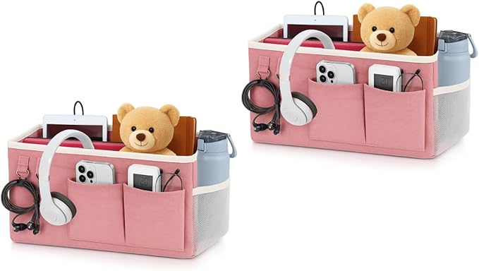 Bedside Caddy Organizer Hanging Storage Bag with Pockets for Books, Magazines, Phone, Tablet & Water Bottle – 2-Pack Bedside Storage for Dorm Rooms, Bunk Beds, Hospital Beds & Cribs,Pink