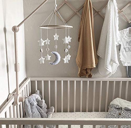 Baby Crib Mobile – Wooden Hanging Nursery Baby Mobile for Crib, Nursery Decor for Boys & Girls, Perfect Shower Gift, Moon & Stars (Grey, White & Cream) Also Fits Bassinets, Sorrel + Fern
