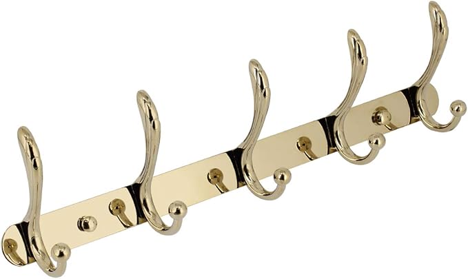 kimzcn Coat Rack Wall Mounted - 5 Tri Hooks, Heavy Duty, Metal Coat Hook Rail for Coat Hat Towel Purse Robes Mudroom Bathroom Entryway, Gold
