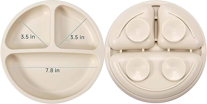 PandaEar 3 Pack Toddler Plates, Divided Suction Silicone Baby and Toddler Plates,Non-Slip - Dishwasher and Microwave Safe (Brown Tea Flax)