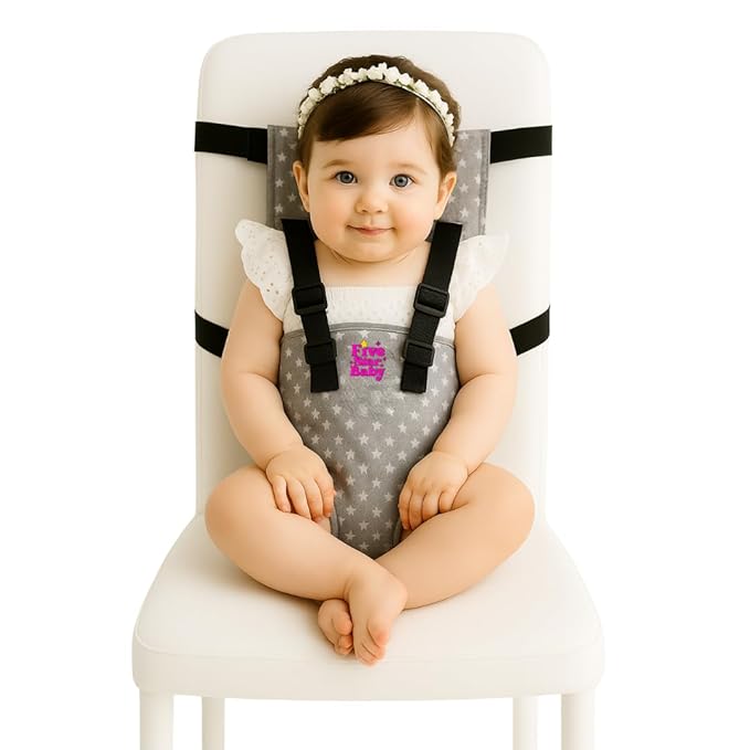 Portable Baby Chair Strap – Travel Dining Seat Cover for Babies & Toddlers | Portable Baby Chair for Travel | Compact, Foldable Baby Seat Cover – Grey Star