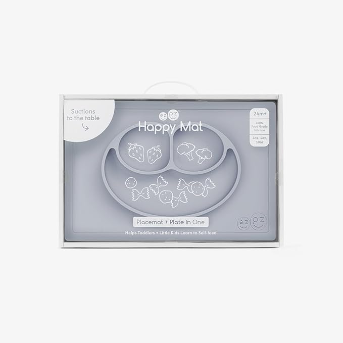 ezpz Happy Mat (Pewter) - 24 Months+ - 100% Silicone Suction Placemat + Divided Plate with Three Compartments - Toddler + Preschool Essentials