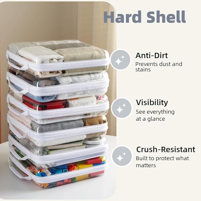6-Pack Extra Large Clear Hard Shell Zipper Cases with Handles, Clear Zipper Storage Bags for Bulk Organization, Stackable Travel Organizer, Cosmetic Bags, Transparent Diaper Bag, Storage Cases(6XL)