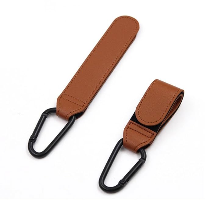 Multi- Function Great Travel Accessory,Baby Stroller Hooks, Leather Stroller Clips for Diaper Bags Pet Carts Grocery Shopping Bags. (Brown+Coffee)