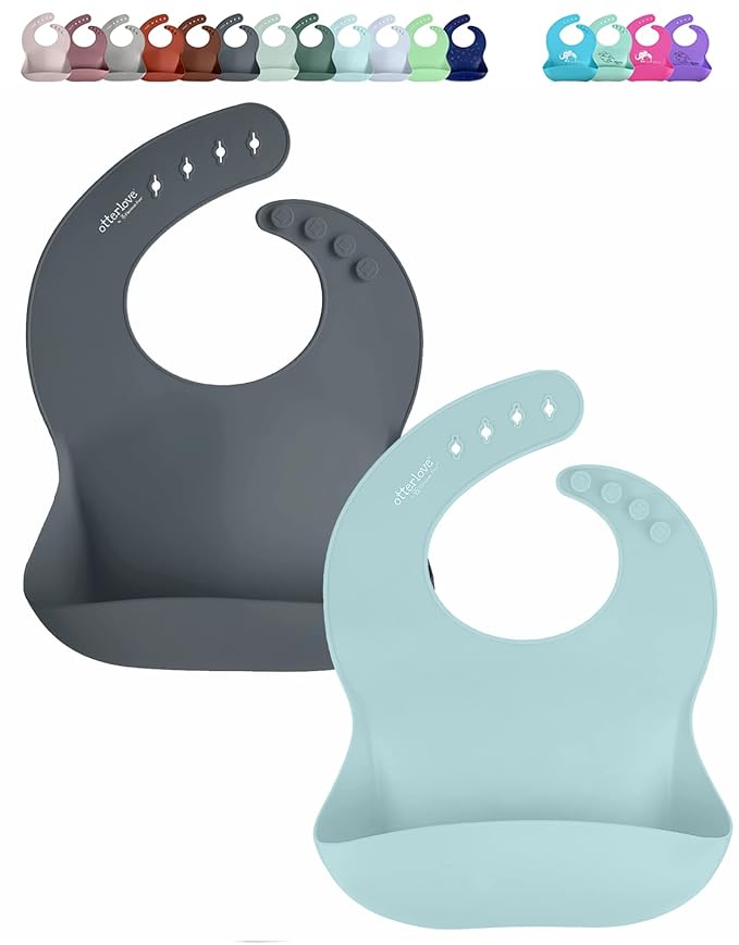 otterlove Silicone Baby Bibs with No Fillers, Wide Food Catching Pocket, Mint and Smoke, Pack of 2