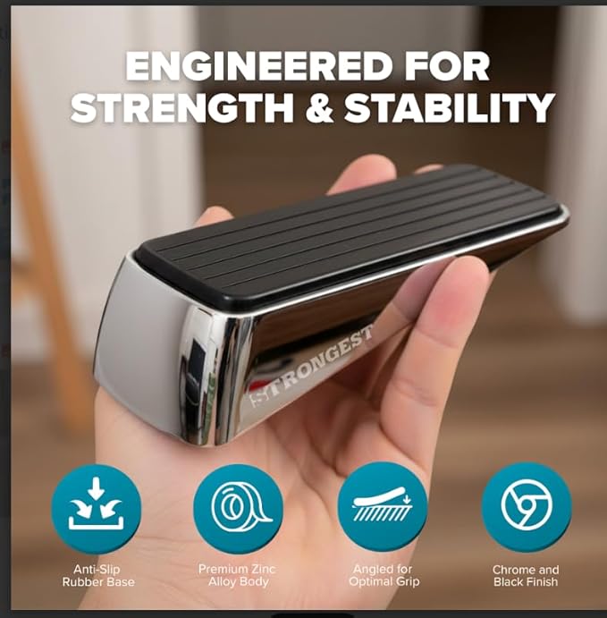 Strongest Home Heavy Duty Door Stopper Wedge 1 Pack Chrome | Non-Slip Rubber and Metal Door Stop for Heavy Doors | Work on Wood, Tile, Carpet + White Wall Protectors