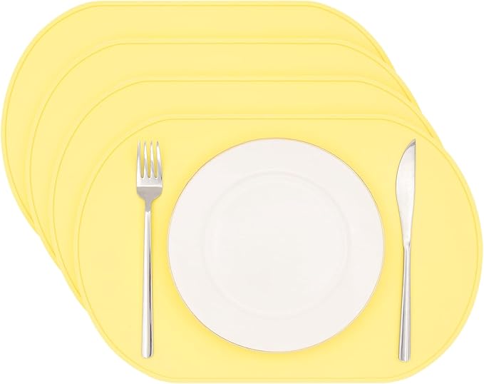 yuuzue Silicone Placemat Set of 4, Heat Resistant Placemats for Dinning Table, Reusable Portable Kids Baby Placemats, Waterproof Stain-Proof Toddler Food Mats, Easy to Clean Silicone Mat Oval Placemat