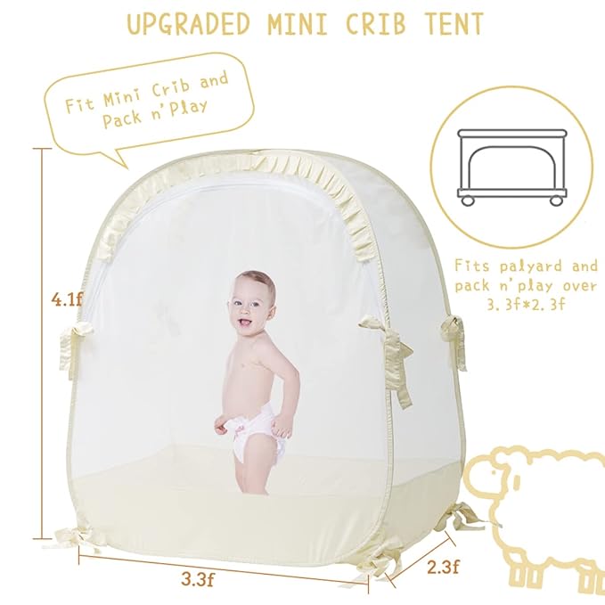 L RUNNZER Pack N Play Tent, Baby Crib Tent to Keep Baby from Climbing Out, Pop Up Crib Net for Pack and Plays, Mini Cribs & Play Yards, See-Through & Breathable Mesh Crib Canopy, Beige, R07s-beige