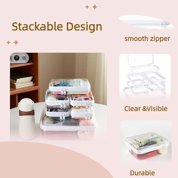 6 pcs Zipper Pouches, Hard Shell Toiletry Bag, Stackable Travel Organizer, Cosmetic Bags, Transparent Diaper Bag, Storage Cases (Tall M + 5S)