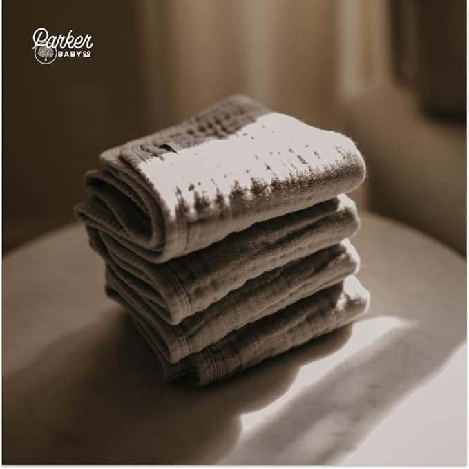 Parker Baby Muslin Burp Cloths | 100% Cotton Burping Clothes, Newborn Essential | Must-Have Baby Registry, Modern and Trendy Colors | 20"x11" Unisex Large Baby Burp Cloths, 4-Pack Gray Set