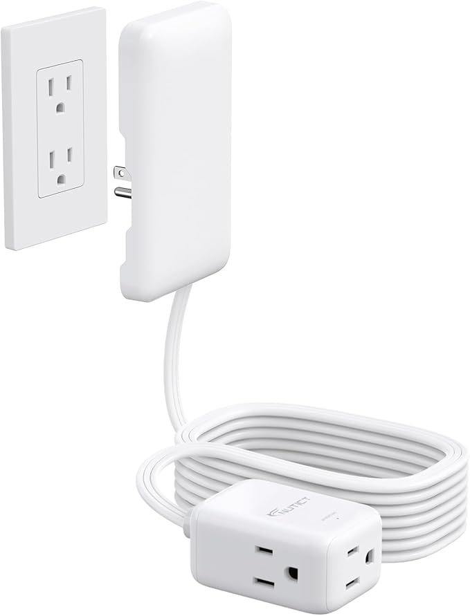 Outlet Cover Extension Cord Long 15ft, 3 Outlets Indoor Flat Extension Cord & Ultra-Thin Flat Wall Plug, 900J Surge Protector, 13A/1625W, ETL Listed, Behind Bed Couch Dresser Furniture, White