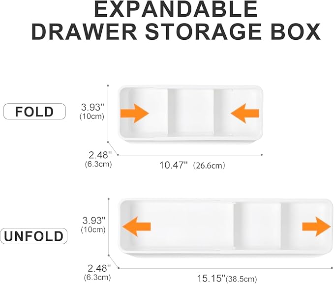 DIMJ Drawer Organizers, Expandable Desk Drawer Organizer Plastic Storage Bins, Dresser Organizer for Nursery，Bathroom, Kitchen, Makeup, Office, White, 4 Pack，2L,2M
