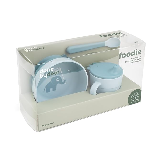 Done by Deer Foodie First Meal Set with Suction Base – Elphee – Blue – 3-Piece Baby Feeding Set with Bowl, Spout Cup & Spoon – Elephant Motif – Microwave & Dishwasher Safe