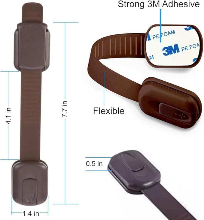 Child Proofing Safety Locks - 8 Pcs Baby Proof Lock with 8 Extra 3M Adhesives -Adjustable Flexible Strap Latches to Cabinet, Cupboard, Drawer, Fridge, Toilet-Seat, Oven, Closet Seat, Door,Window-Brown