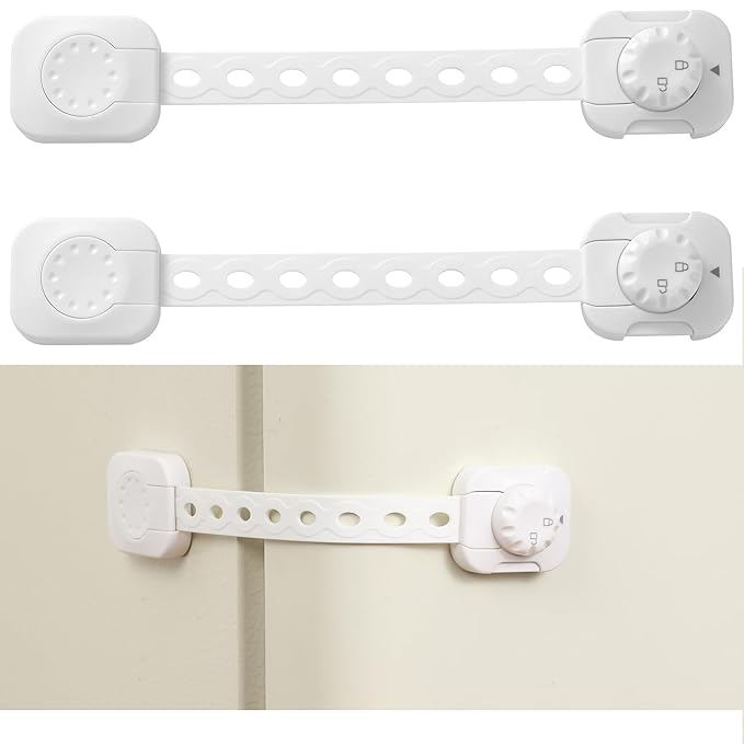 Fursafe&Q Child Safety Cabinet Locks, Baby Cabinet Locks Adhesive Adjustable Child Safety Strap Locks Drawer Fridge Ovens Toilet Latches No Screws for Furniture Kitchen White 2Pack