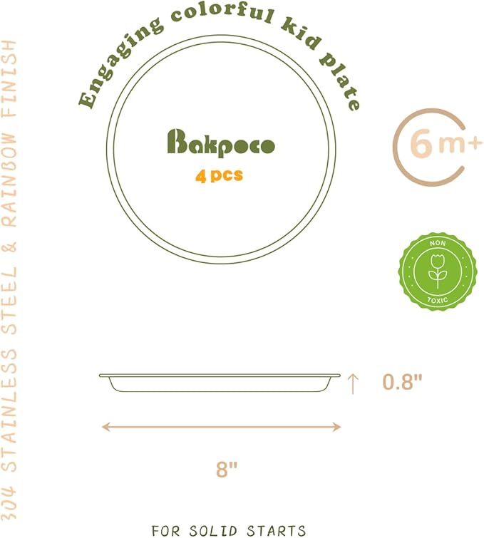 Bakpoco Stainless Steel Kids Plates 4 Packs, 8" Non Divided Toddlers Portion Control Plate, Non Toxic & BPA Free |Unbreakable |Dishwasher Safe Baby Snack Dish for Daycare, Restaurant Outings & Travel