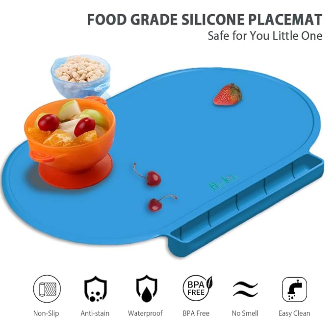 Silicone Placemat for Baby, Silicone Baby Toddlers Non-Slip Tablemats Stain Resistant Anti-Skid Reusable Dishwasher Safe Table Mats, Portable Food Mat Travel (Blue/Purple)