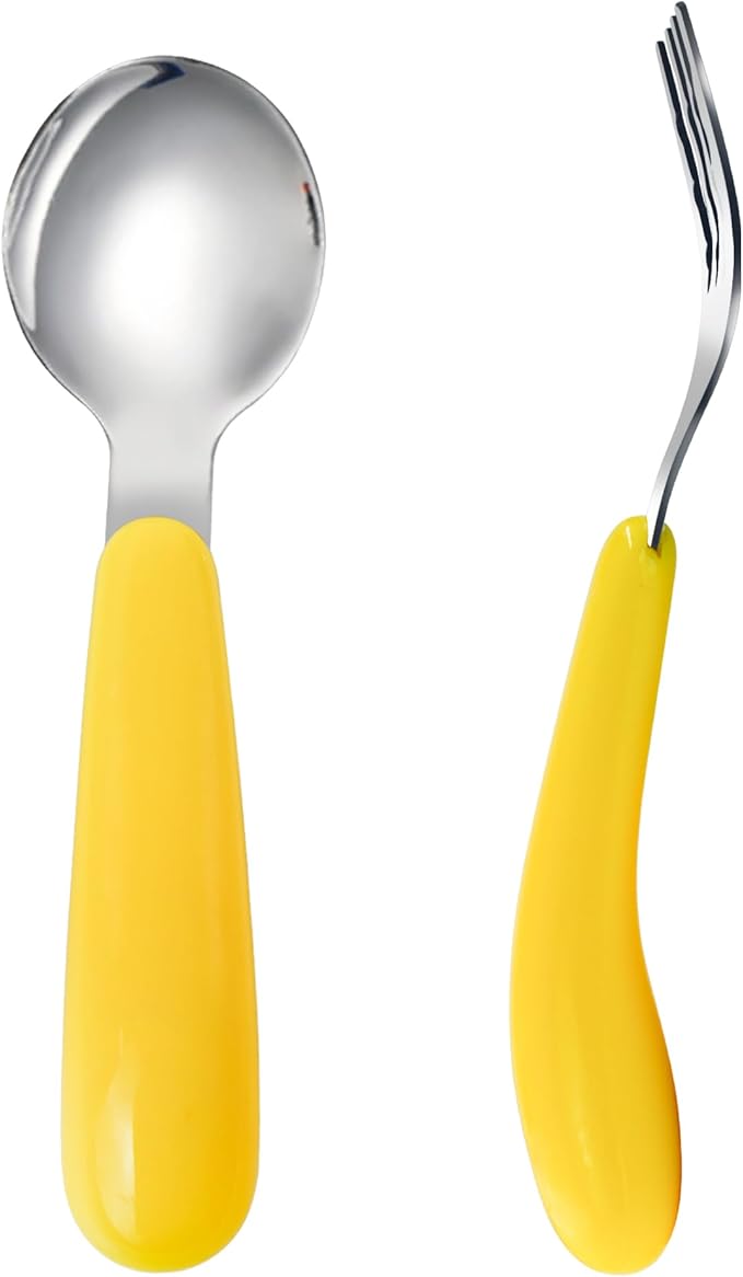 VANRA 2 Pieces Toddler Fork and Spoon Set with Travel Case 18/8 Stainless Steel Toddler Utensils Kids Silverware Children Flatware Child Cutlery Set for School Lunch Box (Yellow)