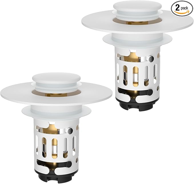 Hibbent 2 Pack 3 in 1 Bathroom Sink Drain Strainer, Universal Pop Up Stopper with Removable Stainless Steel Filter Basket Hair Catcher, Sink Plug for 1.1''~2.36'' Basin, Brass Bullet Core, White