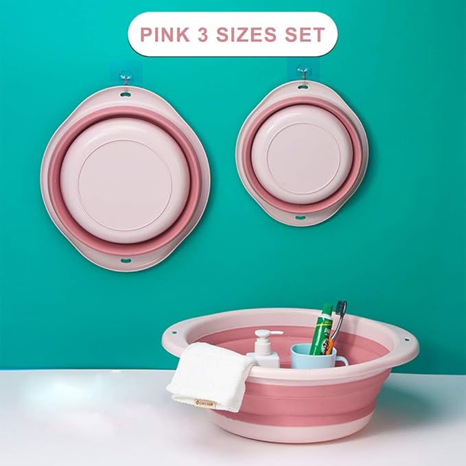 ORIZZP 3-Pack Collapsible Wash Basin Set, Baby Kids Wash Basin Dish Tub for Travel Home, 3 Different Sizes Set Space Saving Pink Big Volume