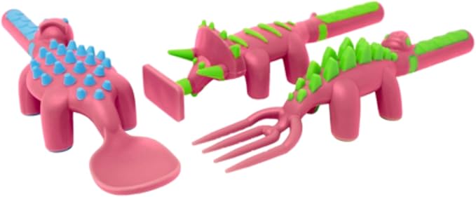 Constructive Eating Plate and Utensils Set - USA-Made Toddler Dinnerware with Divided Plates (Pink Dinosaur)