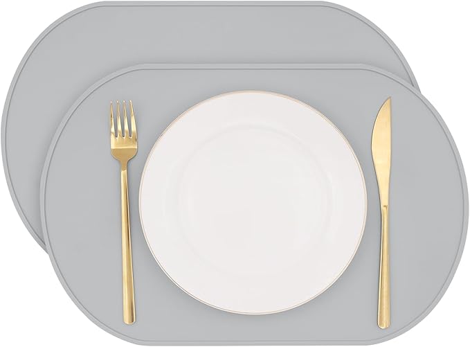 Silicone Placemat Set of 2, Heat Resistant Placemats for Dinning Table, Reusable Portable Kids Baby Placemats, Waterproof Stain-Proof Toddler Food Mats, Easy to Clean Silicone Mat Oval Placemat