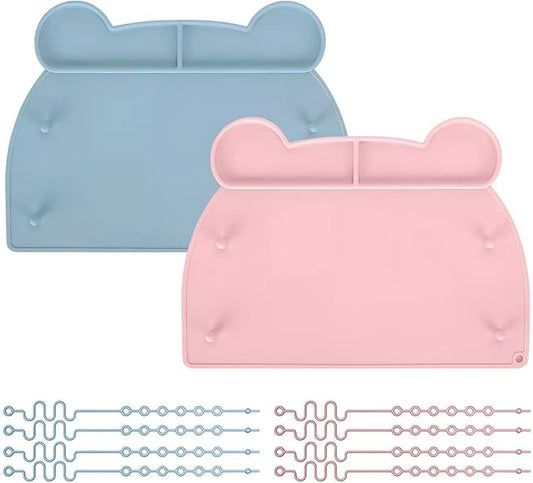 2 Pack Silicone Placemat for Toddlers with Suction Cups & Toy Straps, Busy Baby Mat for High Chair, Restaurant & Travel, Easy Clean Non-Slip Baby Feeding Mat（Blue&Pink）