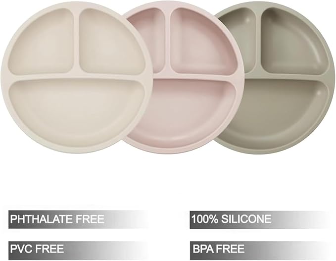 PandaEar 3 Pack Toddler Plates, Divided Suction Silicone Baby and Toddler Plates,Non-Slip - Dishwasher and Microwave Safe (Brown Tea Flax)