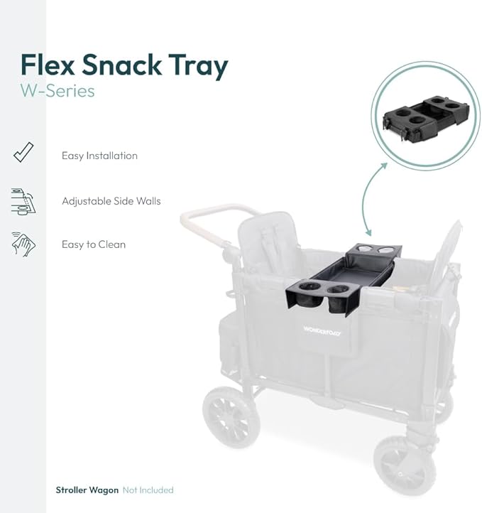 WONDERFOLD Flex Snack Tray for W2 Stroller Wagon with Convertible Cup Holders & Adjustable Sidewalls to Maximize Space, Easy to Install, Easy to Clean